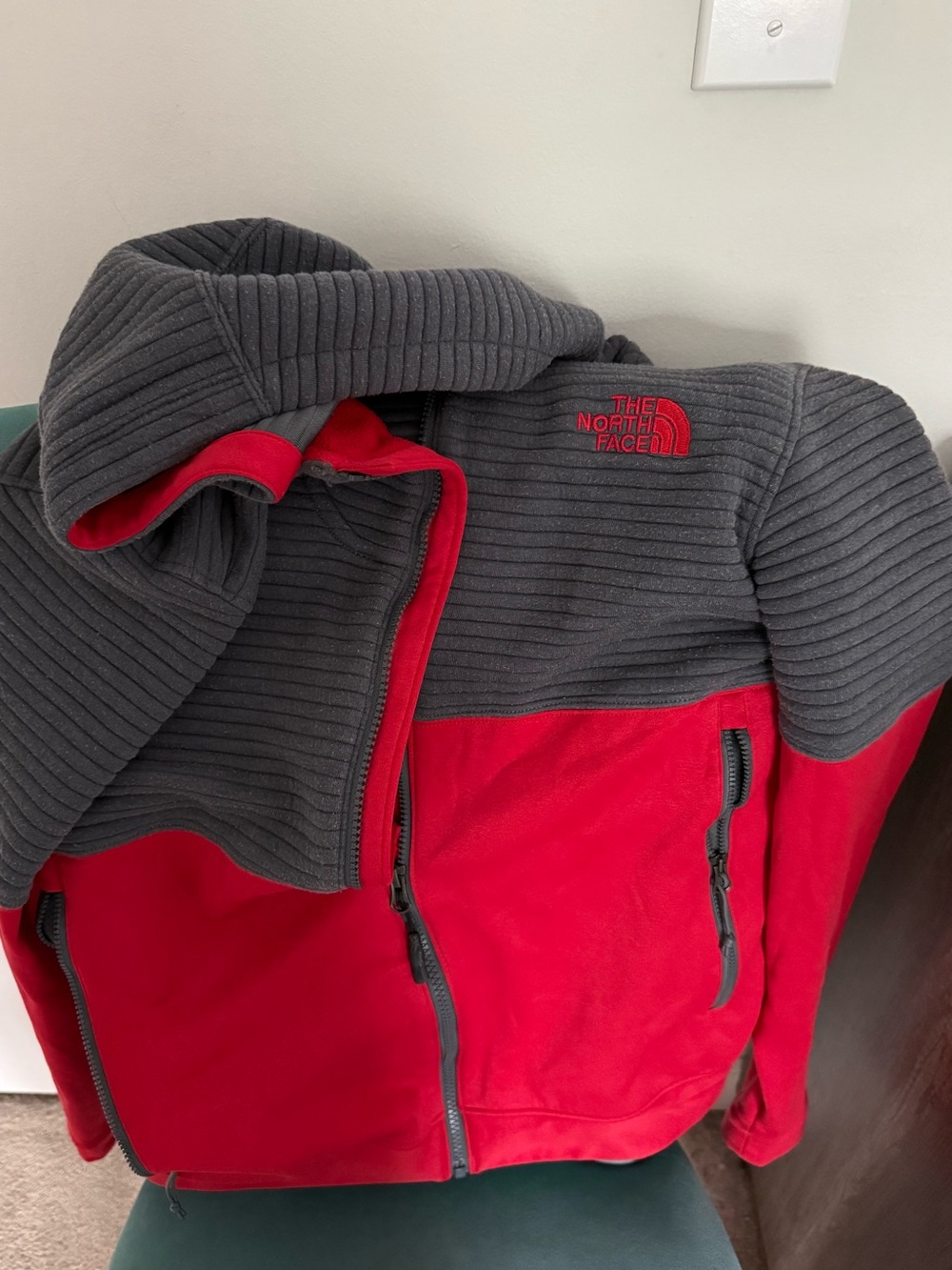 Red and Grey North Face Jacket